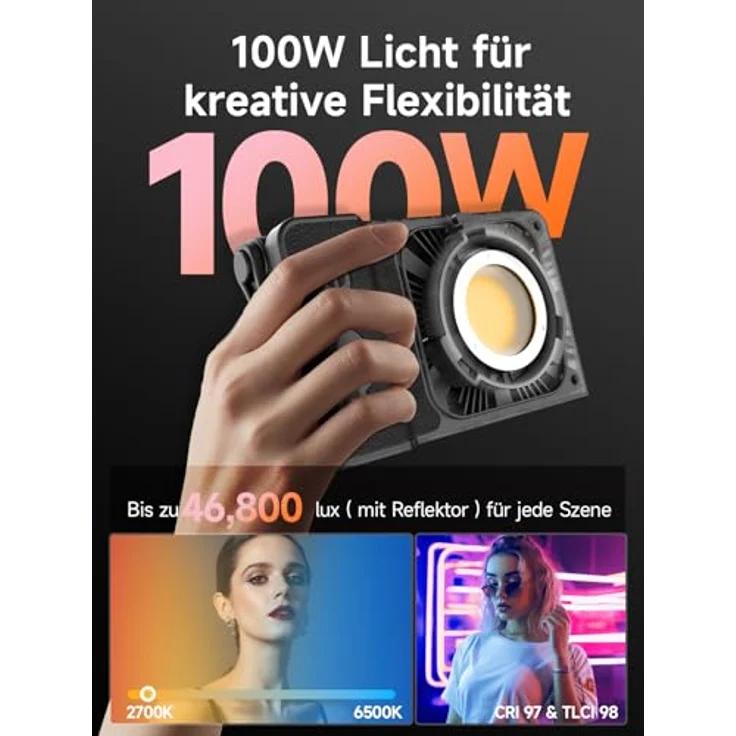 Rollei LUX 100 Bi-Color Kit, Professionelles LED-Dauerlicht mit 71 Wh Batteriegriff, Verstellbare Farbtemperatur 2700~6500K, Boost Reflektor, App-Steuerung, Geräuschlos, Ultraleicht & Kompakt – Bild 2