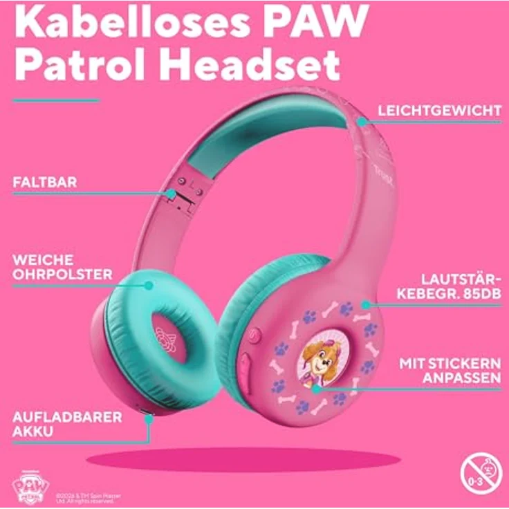 Trust Nouna Wireless Kopfhörer Paw Patrol, Rosa, faltbares Design, integrierter Lautstärkeregler, kabellos und kabelgebunden – Bild 2