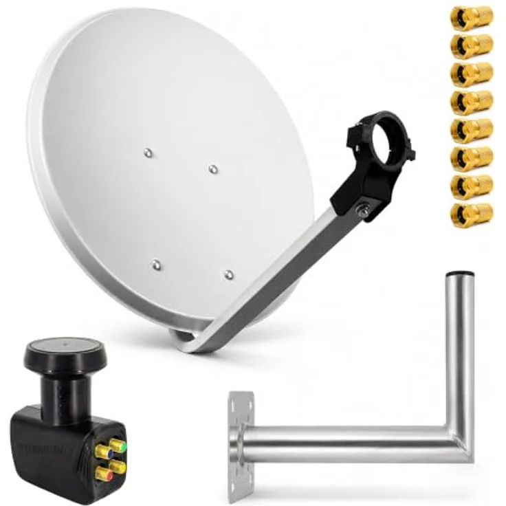 PremiumX SAT Anlage 80cm Antenne Hellgrau mit Quad LNB und 25cm Wandhalter, Full HD und 38,7 dB Gewinn – Bild 1