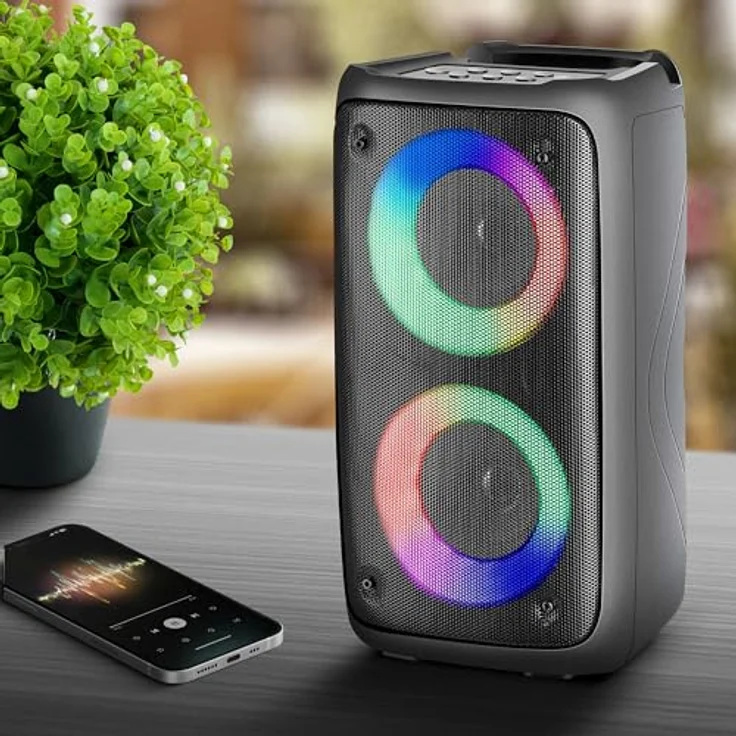 Defender Global Defender® Boomer 20 Bluetooth Lautsprecher mit LED Licht, 20W, TWS Funktion, EQ-Modus, Bluetooth 5.0, USB-C Ladekabel, 5-Modi Lichteffekte, 7-farbige LED-Lichtshow, Karaoke Mikrofon - Schwarz – Bild 5