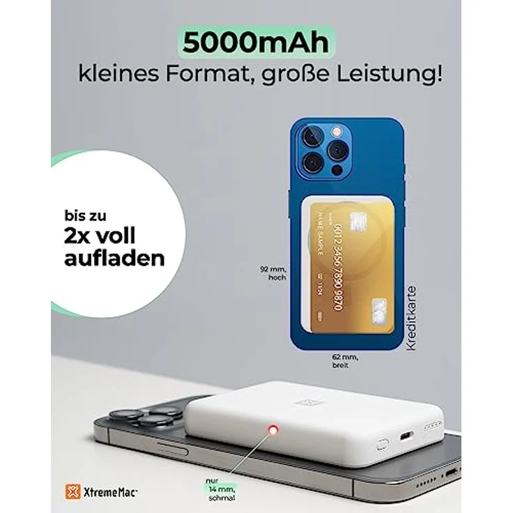 XtremeMac Hochwertige Magnetische Kabellose Powerbank, MagSafe Kompatibel, 5000mAh, für iPhone 12/13/14, mit USB-C und drahtloser Ladefunktion, Leicht und Kompakt, Weiss – Bild 3