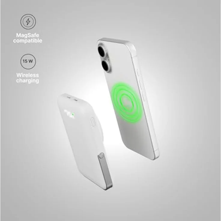 Qualo Power Bank 10000mAh, Induktive Schnellladestation mit 15W, Kabellos und Kompakt, Weiß, mit integriertem Ständer und LED Anzeige – Bild 3