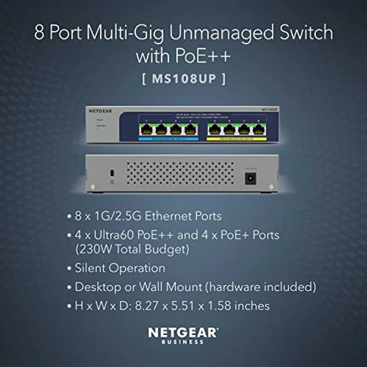 Netgear MS108UP 8-Port Ultra60 PoE++ Multi-Gigabit (2.5G) Ethernet Unmanaged Switch mit 230W PoE-Budget 1G-2,5G-Ports, Desktop-Wallmount (MS108UP-100EUS) – Bild 2