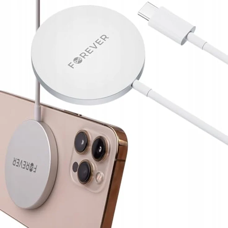 FOREVER Kabelloses Ladegerät, Induktives Ladegerät, 15W, Rund, Dünn, Diskret, Universal, 1m Kabel inklusive, Kompatibel mit verschiedenen Smartphone-Marken, die über drahtloses Laden verfügen, weiß – Bild 1