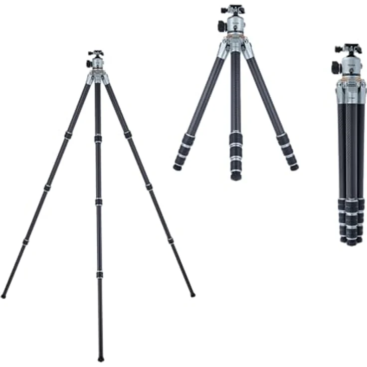 Rollei Lion Rock Pro Carbon-Stativ inkl. Stativkopf – Ultraleicht, Hohe Tragkraft 20 kg, Verstellbare Höhe bis 147,5 cm, Kompaktes Packmaß, Wechselbare Spikes, Carbon, Schwarz – Bild 2