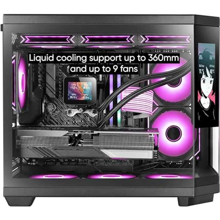 Mars Gaming MC-3TCORELCDM Micro-ATX Gaming-Gehäuse mit 7,2" IPS-Bildschirm, dreifachem gehärtetem Glas, Doppelkammerstruktur, Flüssigkeitskühlungsunterstützung bis 360mm, Schwarz – Bild 4