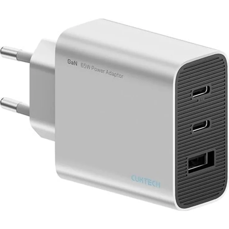 CUKTECH 65W GaN 2xUSB-C 1xUSB-A Wandladegerät, kompaktes Design in Grau für gleichzeitiges Laden mehrerer Geräte