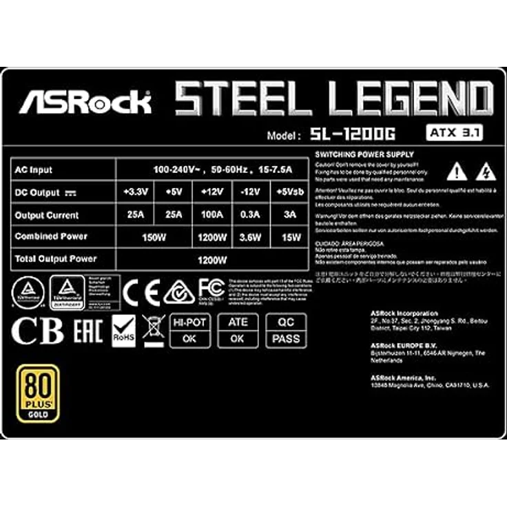 ASRock Steel Legend SL-1200G, 1200W ATX Netzteil mit 80PLUS® Gold-Zertifizierung, vollständig modularem Kabeldesign und aktiver Kühlung – Bild 8
