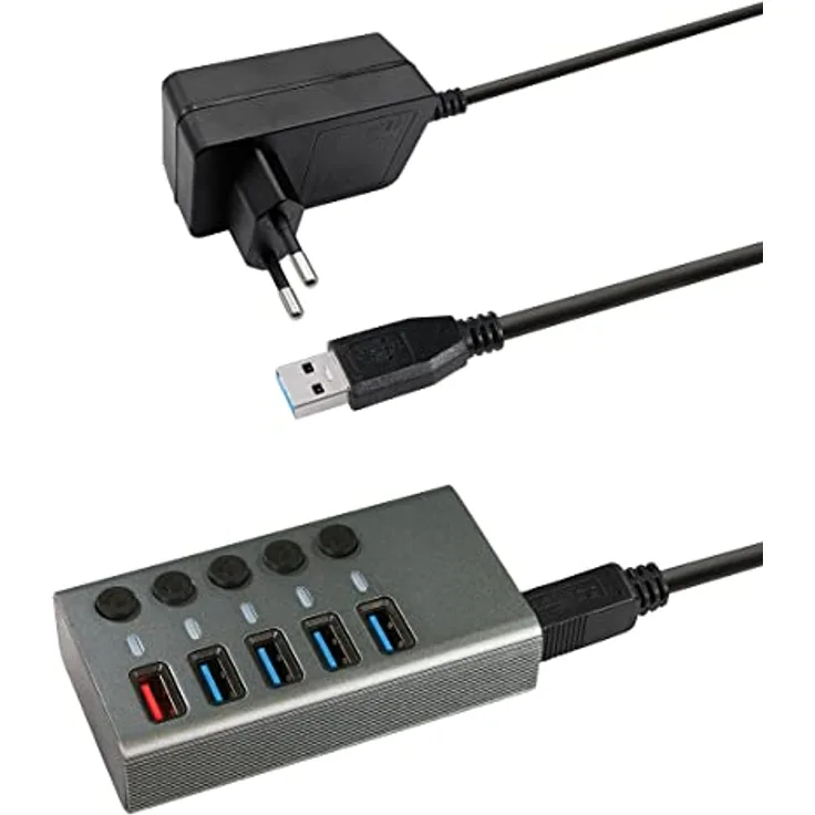 Transmedia CH 10 L USB HUB 3.0, 5 Ports mit Schalter und LED-Anzeige, inklusive 12V / 4A Netzteil, 4xDatenübertragung und 1xSchnellladefunktion, Geeignet für Laptop und PC - Preisvergleich
