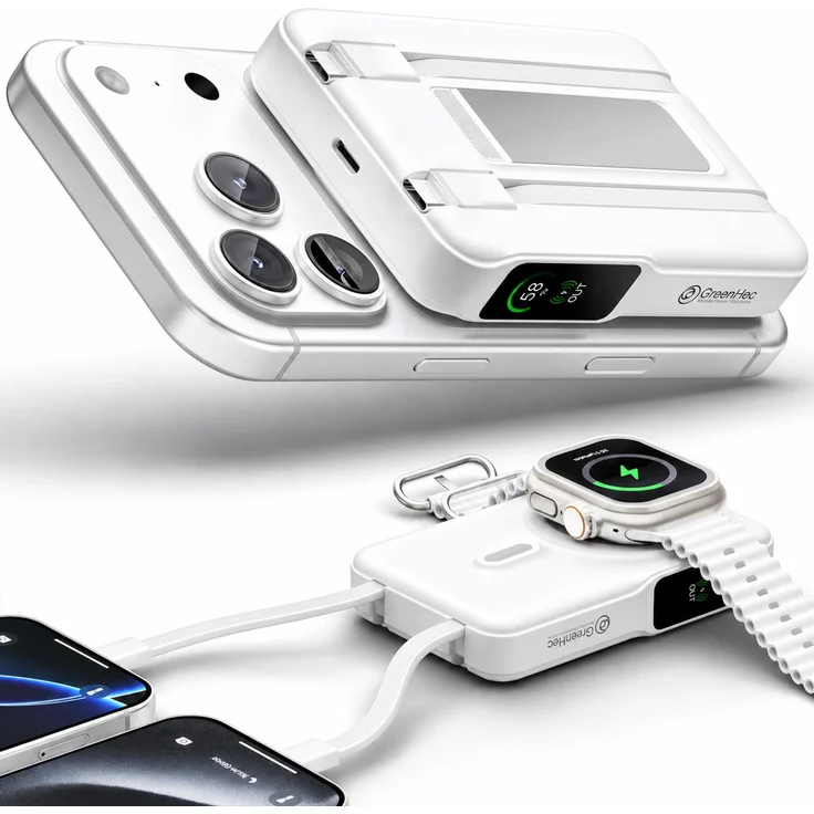 GreenHec MagSafe Ultra Powerbank 6in1, 10000mAh, USB-C + USB-C, Magnet Wireless, MagStand Charger für iPhone 18/17/16/15/14/13/12 Pro Max, weiß