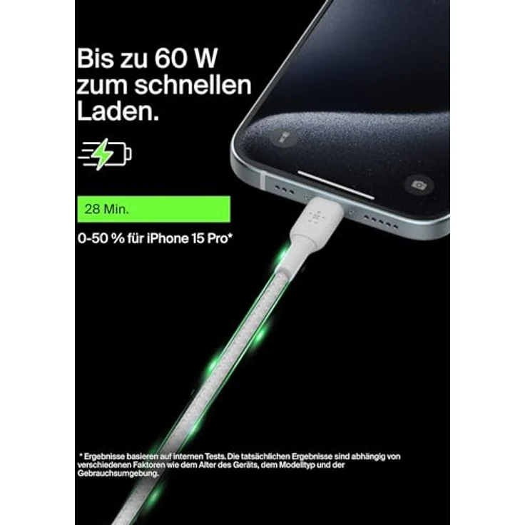Belkin BoostCharge (2 m) geflochtenes USB-C auf USB-C Kabel für iPhone 16, Galaxy S24, Pixel 8/7, iPad Pro – Weiß, Schnellladefunktion bis zu 60 W, Hochgeschwindigkeits-Datentransfer bis zu 480 Mbit/s, Langlebigkeit mit über 30.000 Biegungen. – Bild 2