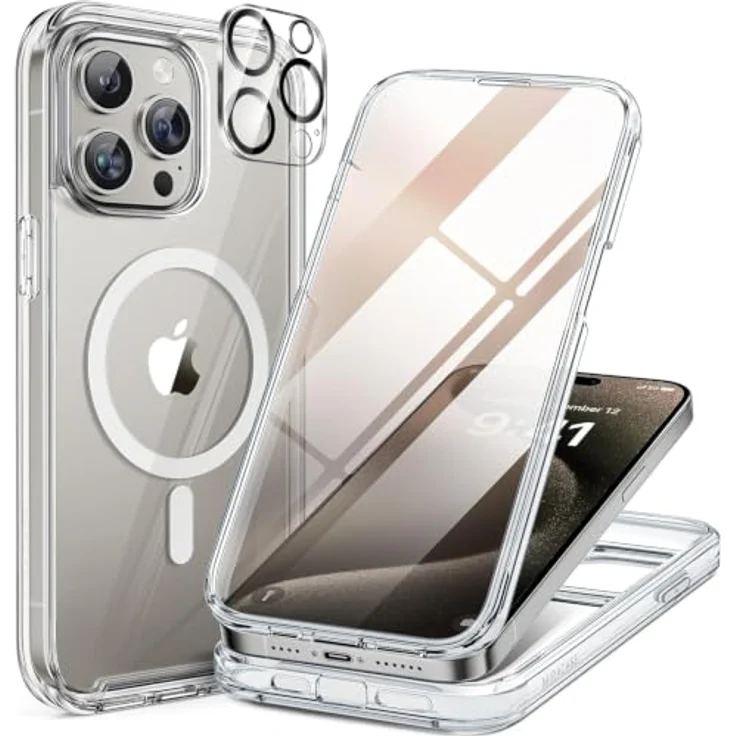 miracase Vollschutzhülle für iPhone 15 Pro, Magsafe, 360° Ganzkörperschutz mit 9H Glas Displayschutzfolie, Klar – Bild 1