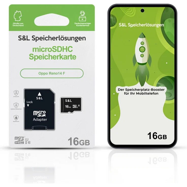 Tec-Expert microSD Karte S&L für Oppo Reno14 F, 16 GB, Class 10, microSDHC, hohe Lesegeschwindigkeit, stoßfest und wasserdicht