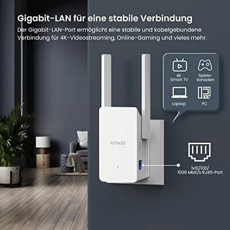 Tenda A33 WiFi 6 Repeater WLAN Verstärker (AX3000 Dualband 5GHz:2402Mbps+2,4GHz:574Mbps), 2*5dBi Antennen, Gigabit-Port, AP-Modus, MU-MIMO, WPS, LED Anzeige, kompatibel mit allen WLAN Routern, Weiß – Bild 4