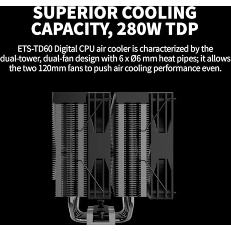 Enermax ETS-T60D, CPU Kühler mit Dual-Tower-Design, 2x 120 mm PWM-Lüfter, digitale Statusanzeige, Schwarz – Bild 8