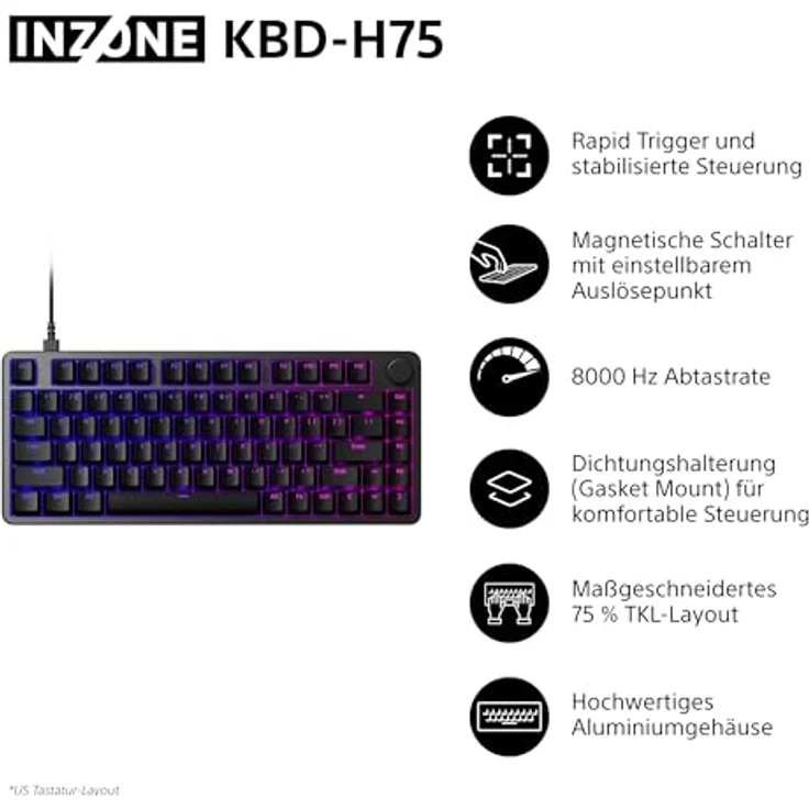 Sony INZONE KBD-H75 Gaming-Tastatur, 75% TKL mit Magnetschaltern, einstellbarer Betätigung, 8000 Hz Abtastrate, Gasket Mount, RGB, Aluminiumgehäuse, US-Layout – Schwarz – Bild 2