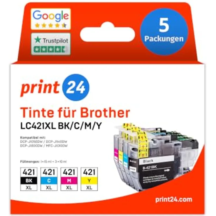 print24 Druckerpatrone LC421XL, 5-tlg. Packung in Cyan, Magenta, Gelb und Schwarz, bis zu 500 Seiten Leistung