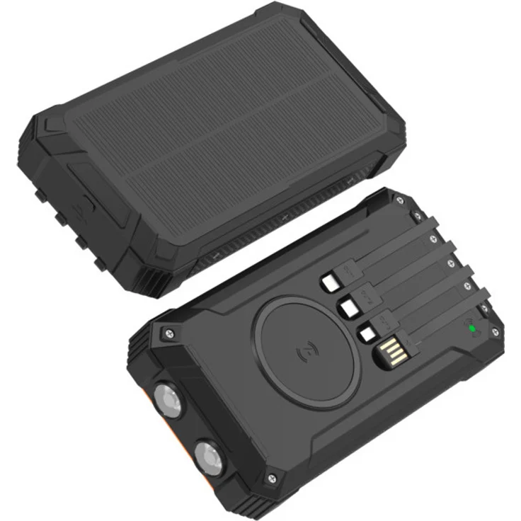 Denver PSC-20012 Powerbank 20.000 mAh, mit 4 integrierten Kabeln, kabellosem Laden, Solarpanel und LED-Taschenlampe, Schwarz – Bild 1