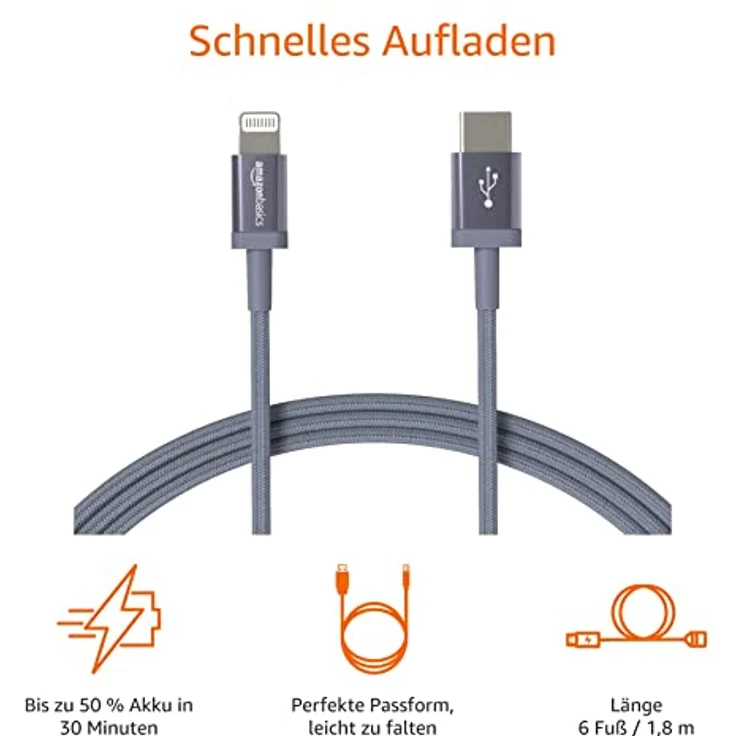 AmazonBasics - USB-C-auf-Lightning-Kabel, geflochtenes Nylon, MFi-zertifiziertes Ladekabel für iPhone 11-11 Pro-11 Pro Max-X-XS-XR-XS Max-8-8 Plus, Dunkelgrau, 1,82 m – Bild 4