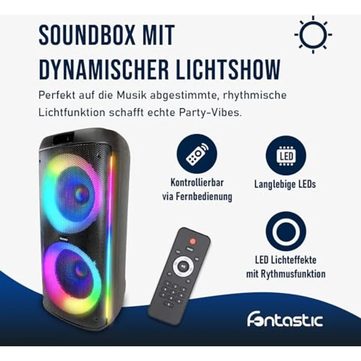 Fontastic Party Lautsprecher Zeal 1000, Bluetooth Lautsprecher mit USB-Wiedergabe, AUX, MicroSD und LED Effekten, Karaoke Box mit 2 Mikrofonen, Schwarz – Bild 5
