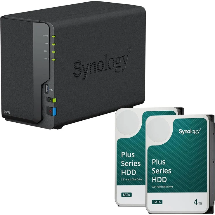 Synology DiskStation DS223, 2 Einschübe NAS-Server Leergehäuse + 2x Plus 3.5" SATA 6Gb/s, Desktop-Speicherlösung
