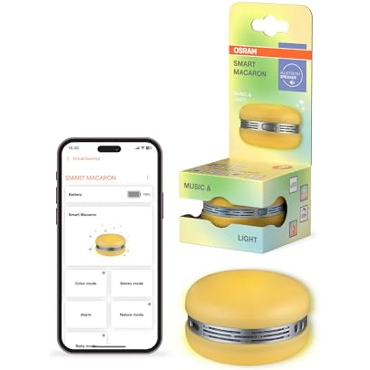 OSRAM Smart Macaron, Bluetooth-Lautsprecher mit Farbwechsel, Musik-Sync, App-Timer, 3 Modi, Stereo-Pairing, Gelb – Bild 1