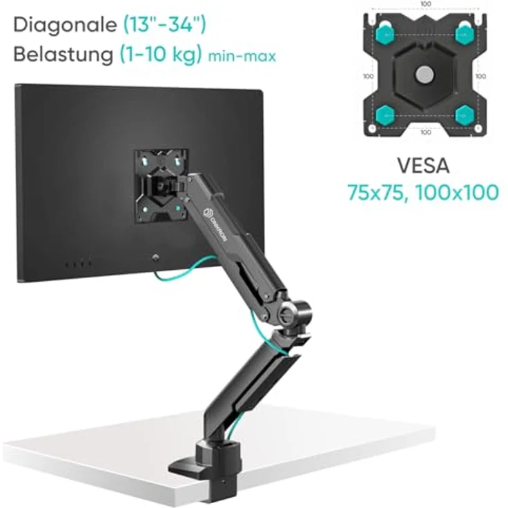 ONKRON Monitor Halterung Bildschirmhalterung 1 monitor schwenkbar für 13-34 Zoll Bildschirme bis zu 10kg max VESA 100x100 Tischhalterung Schwarz – Bild 5