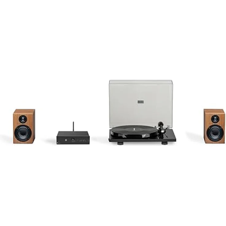 Pro-Ject Stereo Set E Phono, HiFi Einsteiger Set mit Plattenspieler, Verstärker, Lautsprechern und Kabel (Schwarz/Walnuss) – Bild 1