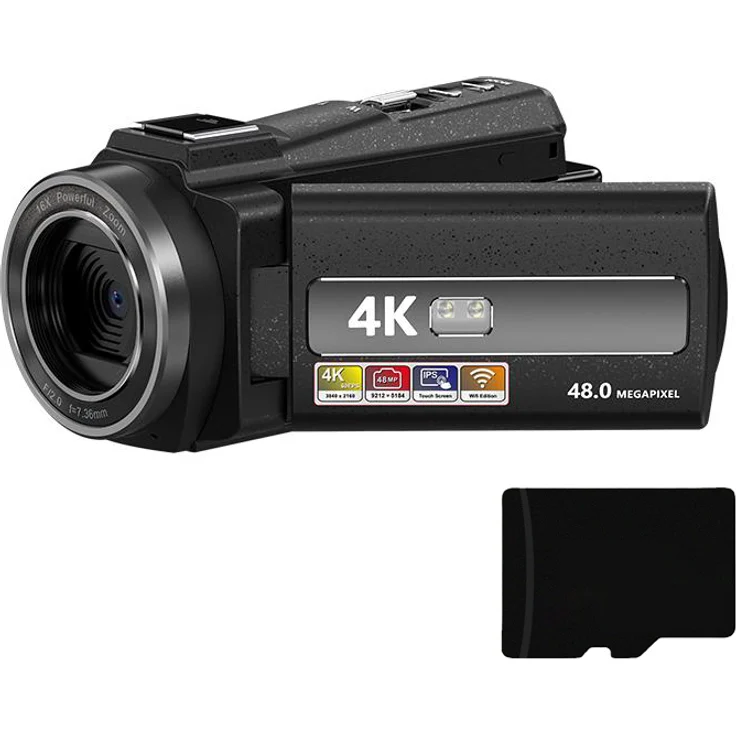 INF Camcorder, Videokamera 4K/48MP mit 16x Zoom, IR-Nachtsicht, Fernbedienung und 32-GB-Karte, Schwarz