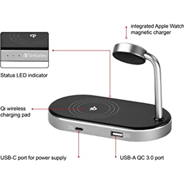 Verbatim 3-in-1 Qi MFi Wireless Fast Charger WCS-02, für iPhone, Apple Watch & Qi-fähige Geräte, Handy Ständer mit induktiver Ladestation, kabelloses Ladegerät für Apple, Samsung und mehr – Bild 2
