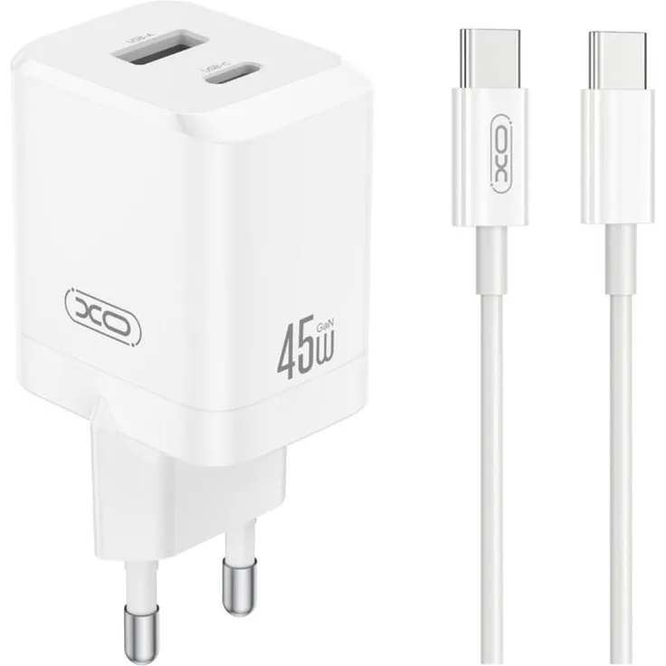 XO CE36 Wandladegerät, 45W GaN mit 1x USB-C PD & 1x USB-A, Weiß + USB-C Kabel