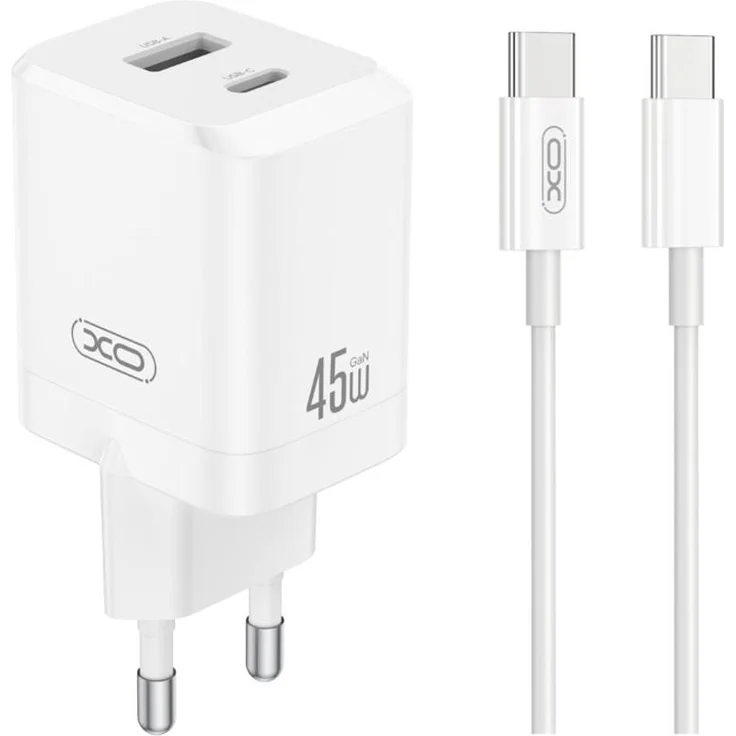 XO CE36 Wandladegerät, 45W GaN mit 1x USB-C PD & 1x USB-A, Weiß + USB-C Kabel