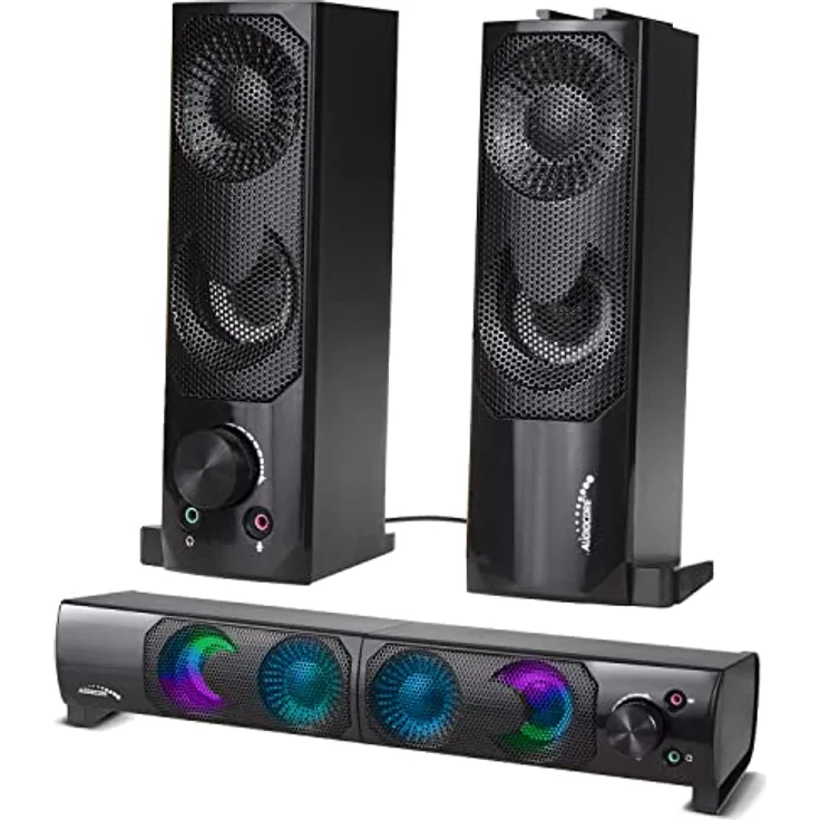 Audiocore AC955, 2 in 1 2.0 PC-Lautsprecher mit Soundbar Funktion, RGB-Hintergrundbeleuchtung, 2x3W RMS, AUX, USB-Stromversorgung