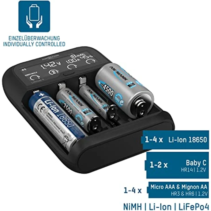 ANSMANN Universal Akku Ladegerät „Lithium 4“ für Li-ion 18650 21700 26650 22650 18500 UVM. & NiMH AA/AAA/Baby C – Batterieladegerät für Lithium Ionen Zellen und NiMH Akkus, USB Typ C Eingang – Bild 2