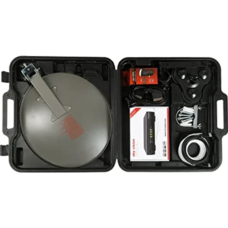 SKY VISION Camping Sat Anlage für den mobilen Gebrauch, Stahl Satellitenschüssel Komplettset mit Single Universal LNB und HDTV Satelliten Receiver, Sat Schüssel 40 cm mit 10 m Anschlusskabel – Bild 3