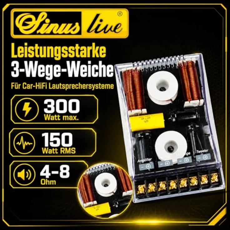Sinuslive CR345, 3-Wege-Lautsprecher-Frequenzweiche bis 300 Watt, 4 Ohm, Übergangsfrequenzen 700/4500 Hz, kompakte Maße 128x83x38mm – Bild 4
