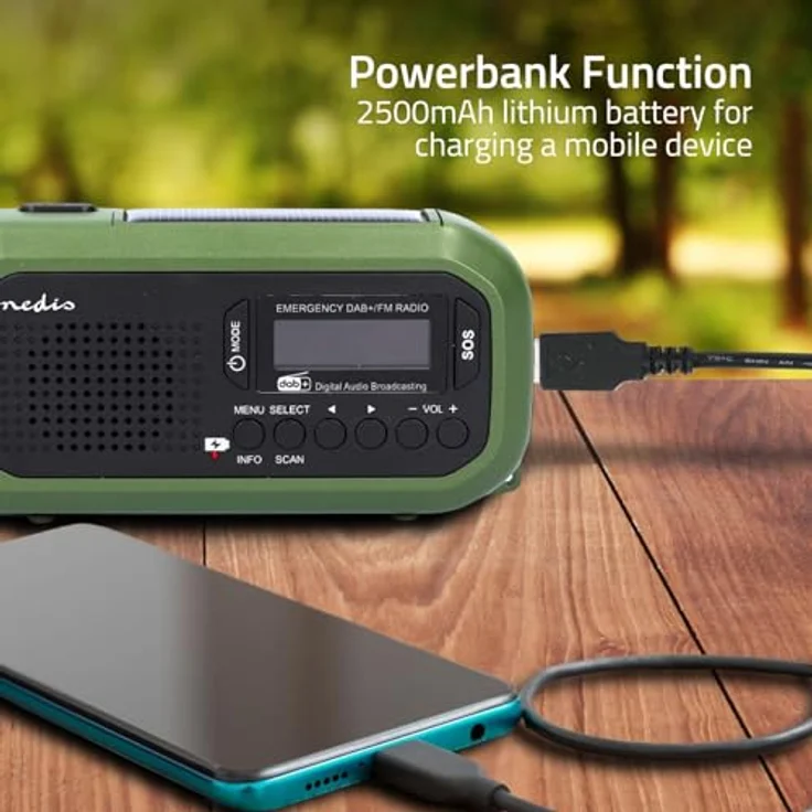 Nedis Tragbares Notfallradio DAB+/FM, batteriebetrieben, Handkurbel, solarbetrieben, USB-Stromversorgung, Wecker, grün/schwarz – Bild 8