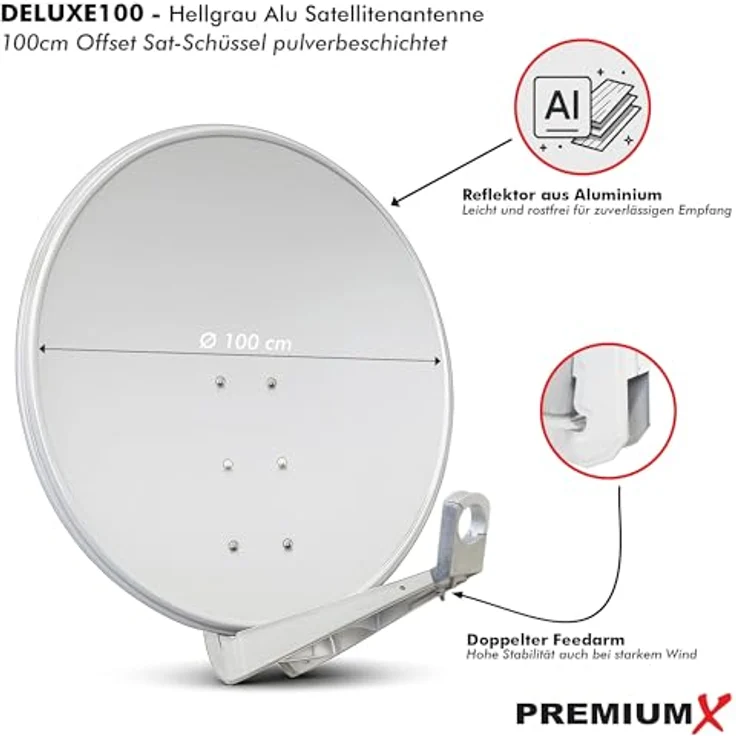 PremiumX DELUXE100 Satellitenschüssel 100cm Aluminium in Hellgrau, starke Empfangsleistung für FullHD und 4K UltraHD mit einfacher Montage – Bild 2