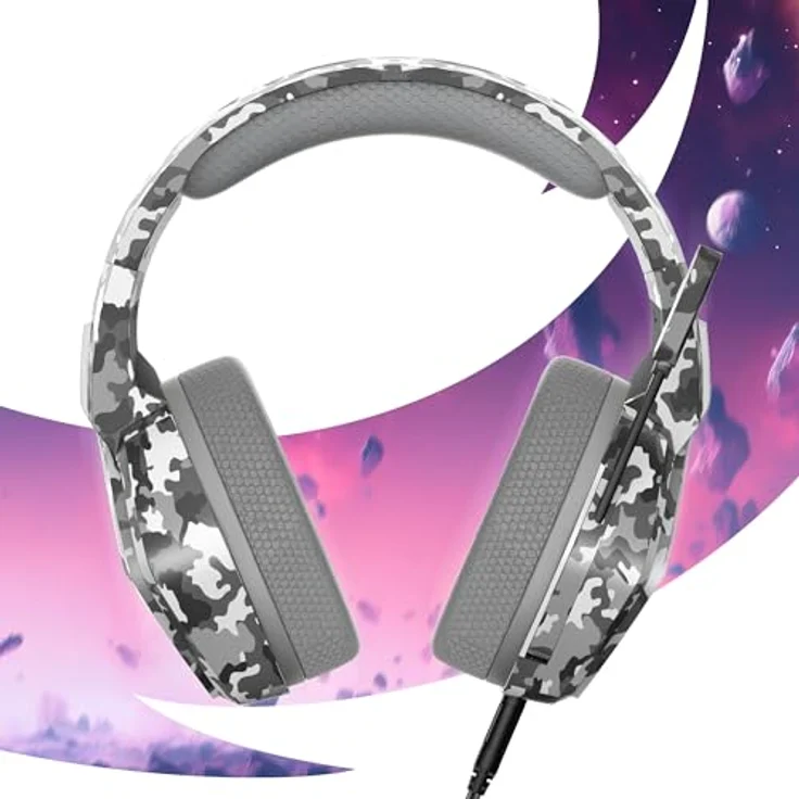 Oniverse Gaming Headset Nebula Grau, kompatibel mit PS5, PS4, Switch, Xbox, PC – 50 mm Lautsprecher, verstellbares Mikrofon, LED, atmungsaktive Ohrpolster, kabelgebunden – Bild 3
