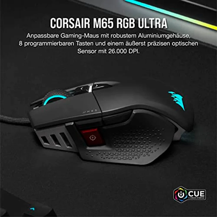 Corsair M65 RGB ULTRA Anpassbare FPS Gaming-Maus - Optischer CORSAIR MARKSMAN-Sensor mit 26.000 DPI, Optische Schalter, AXON Hyper-Processing-Technologie, Sensor-Fusion-Steuerung - Schwarz – Bild 2
