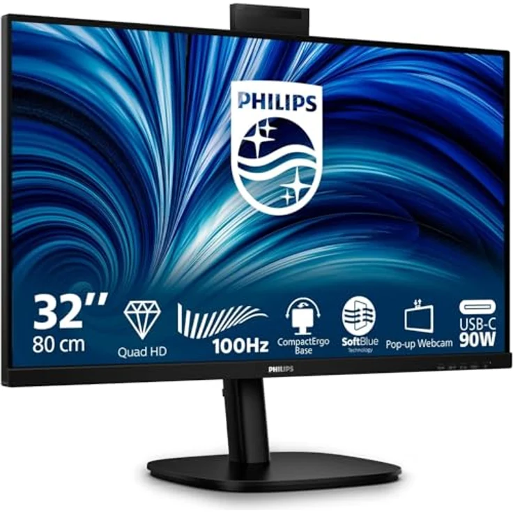 Philips 32B2U3601H 31,5 Zoll WQHD Monitor mit 100Hz, IPS Panel, 4ms GtG, Adaptive Sync, Höhenverstellung, Lautsprecher und Hello Webcam, Schwarz – Bild 1