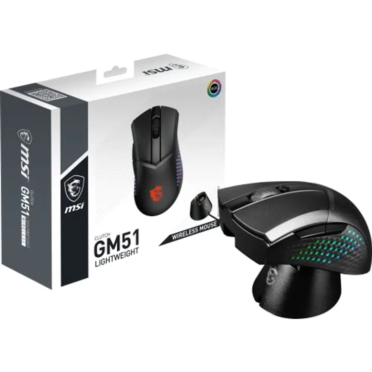 MSI Clutch GM51 Lightweight Wireless Gaming Maus - 26.000 DPI Optischer Sensor, 650 IPS, symmetrisch, 60Mio+ Click OMRON-Switches, 1000Hz Abtastrate, 1ms Latenz, RGB Mystic Light, 85g, kabellos