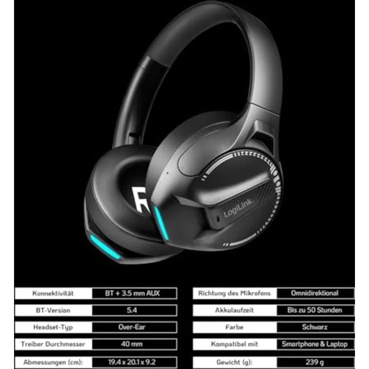 LogiLink BT0070 - BT 6.0 Gaming-Headset, 3,5 mm AUX, verstellbares Kopfband, 50 Stunden Akkulaufzeit, Geräuschisolierendes Mikrofon, Schwarz – Bild 5