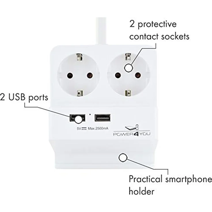 SCHWAIGER 661545 Tischsteckdose USB Ladeständer Steckdosenadapter Schuko Mehrfachstecker Ladestation Smartphone Halter 2 Schukostecker 2 USB-Anschlüsse 1,5m – Bild 2