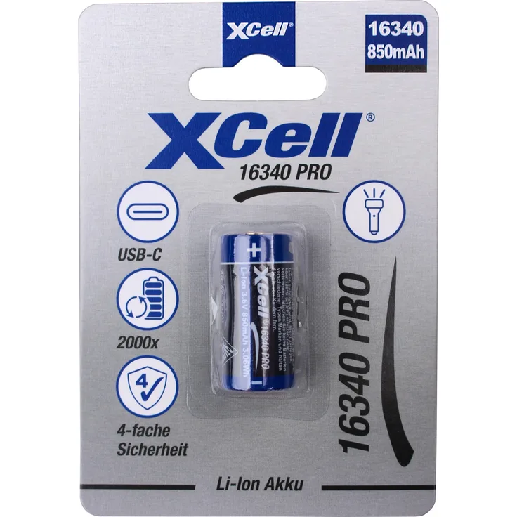 XCell Pro Li-Ion Akku Typ 16340, 850 mAh mit USB-C Ladebuchse, 3,6 V, Höhe 36 mm
