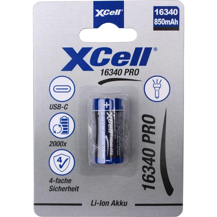 XCell Pro Li-Ion Akku Typ 16340, 850 mAh mit USB-C Ladebuchse, 3,6 V, Höhe 36 mm
