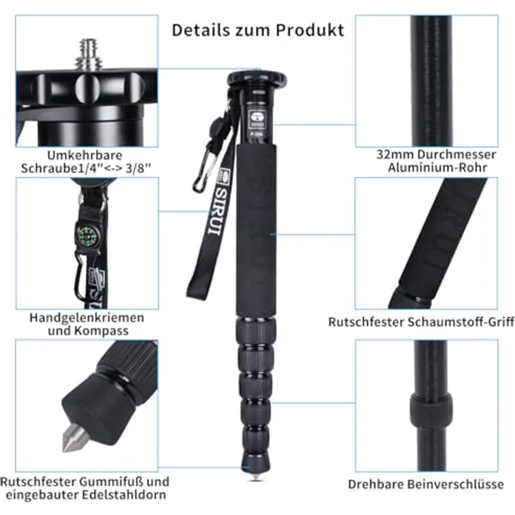 Sirui P-306 Einbeinstativ (Aluminium, Höhe: 155 cm, Gewicht: 0,56 kg, Belastbarkeit: 8 kg, mit Handschlaufe und Karabiner) schwarz – Bild 2