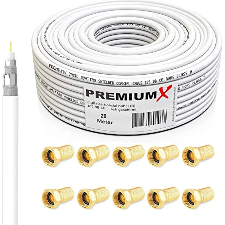 Premium X Koaxialkabel 20m BASIC 135dB 4-fach SAT Antennenkabel für DVB-S/S2, DVB-C und DVB-T, inkl. 10 F-Stecker, UV-beständig