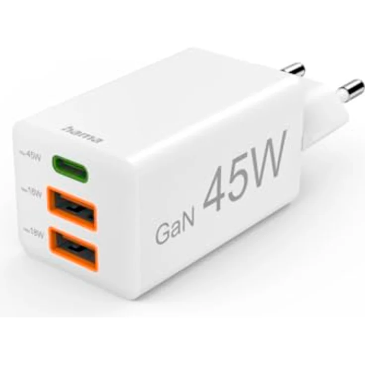 Hama Schnellladegerät USB (Ladegerät mehrfach, USB C, USB A, Handy Tablet Laptop Universal Ladegerät, Netzstecker USB Schnellladen, USB C Netzteil, Power Delivery/Quick Charge 3.0, GaN Charger, 45 W) – Bild 1