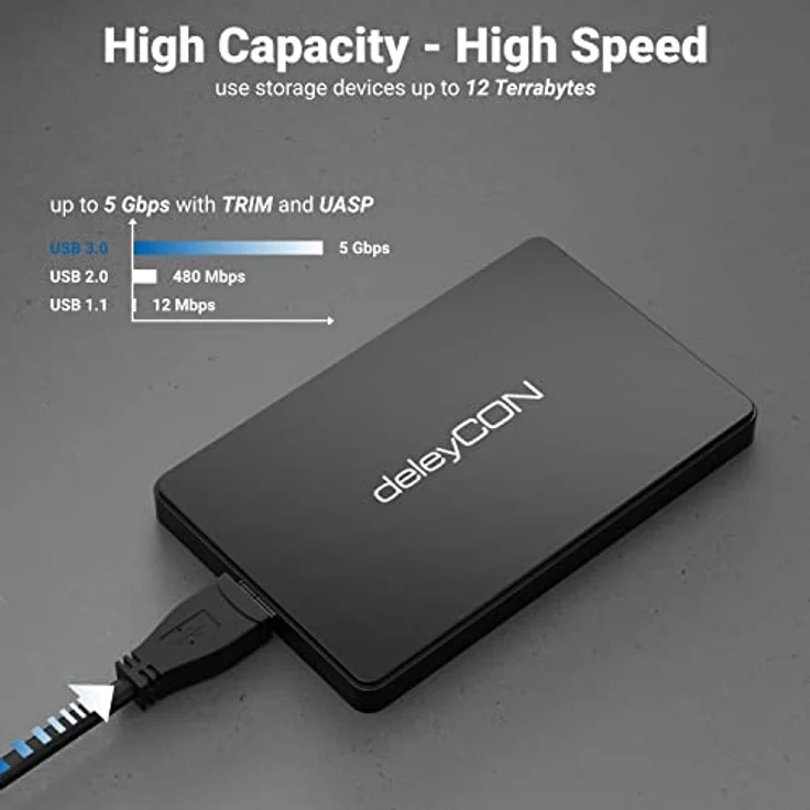 deleyCON Festplattengehäuse 2,5“ Zoll SATA 3 HDD/SSD Externes Gehäuse UASP Schwarz, ultra schlankes Design, 5 Gbit/s Datentransfer – Bild 2